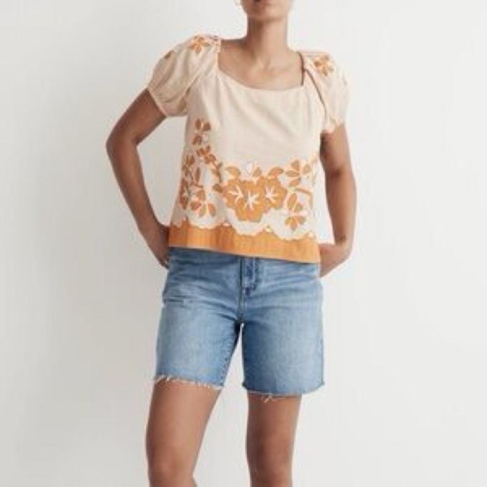 Madewell White and Orange Embellished Crop Blouse
